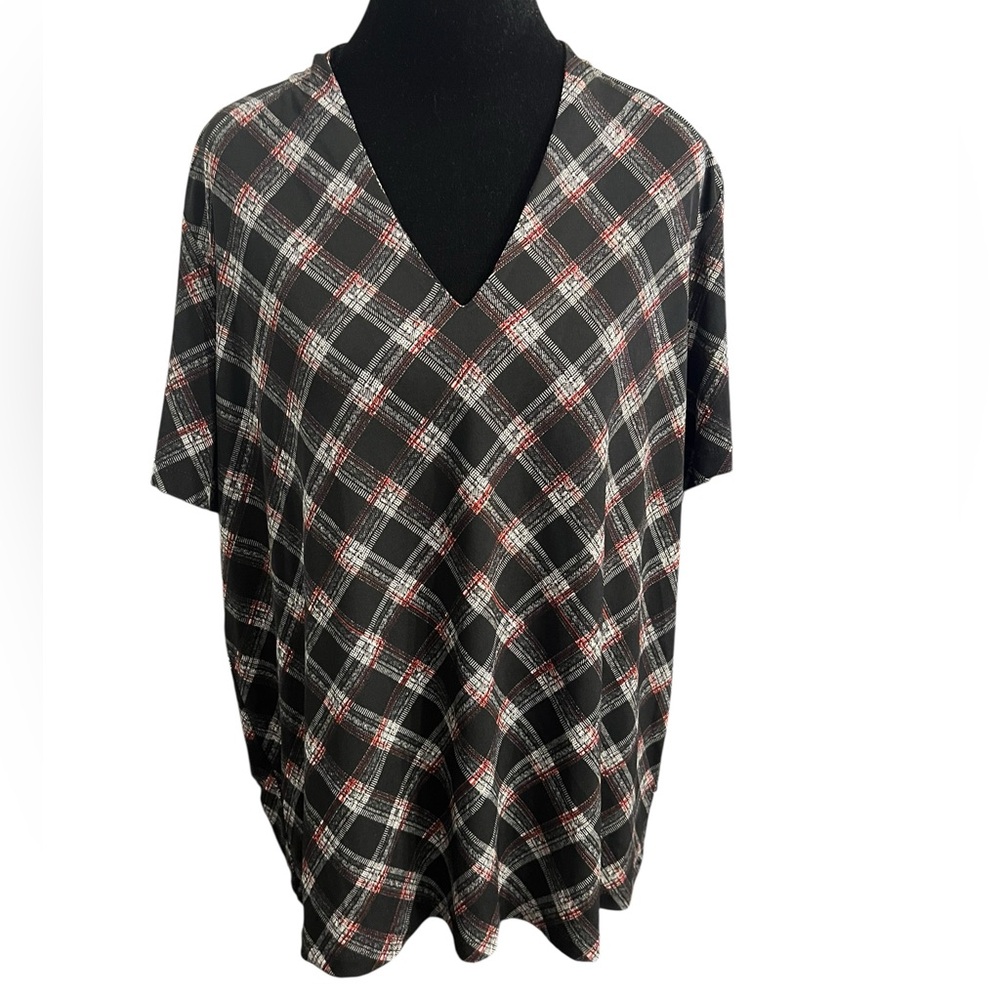 JONES NEW YORK Short Sleeve Top Plus XL Black Red Plaid